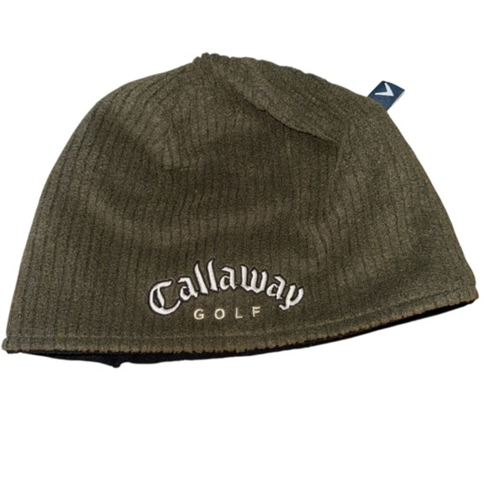 Callaway Golf Beanie Mens OSFM Pre-Owned Knit Cap Black Olive Green Reversible